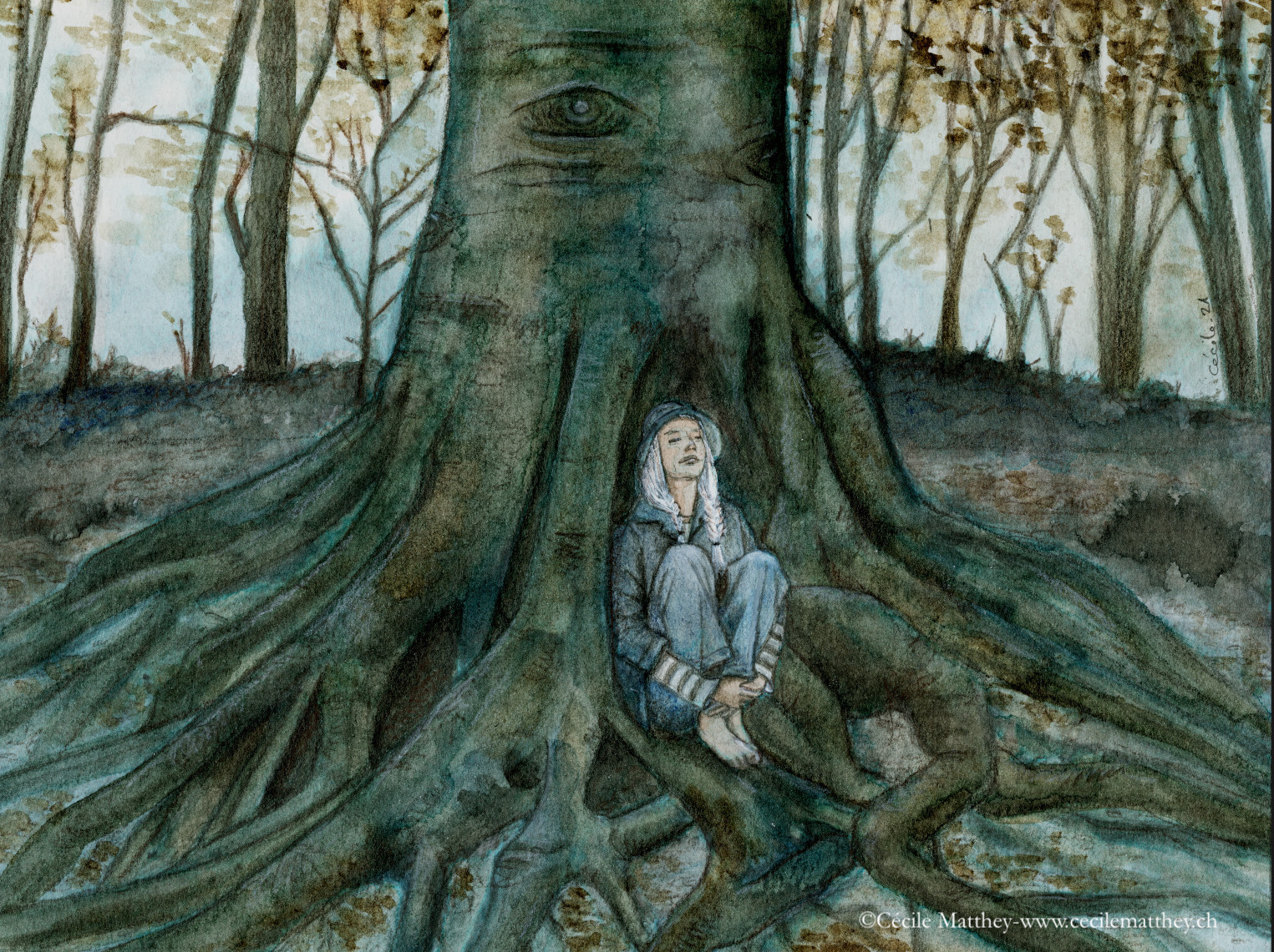 Jane lovée entre les racines d'un vieux hêtre. Qui écoute qui? Illustration pour "The listener" de Sim Kern (webzine The Future Fire n° 2021.56)